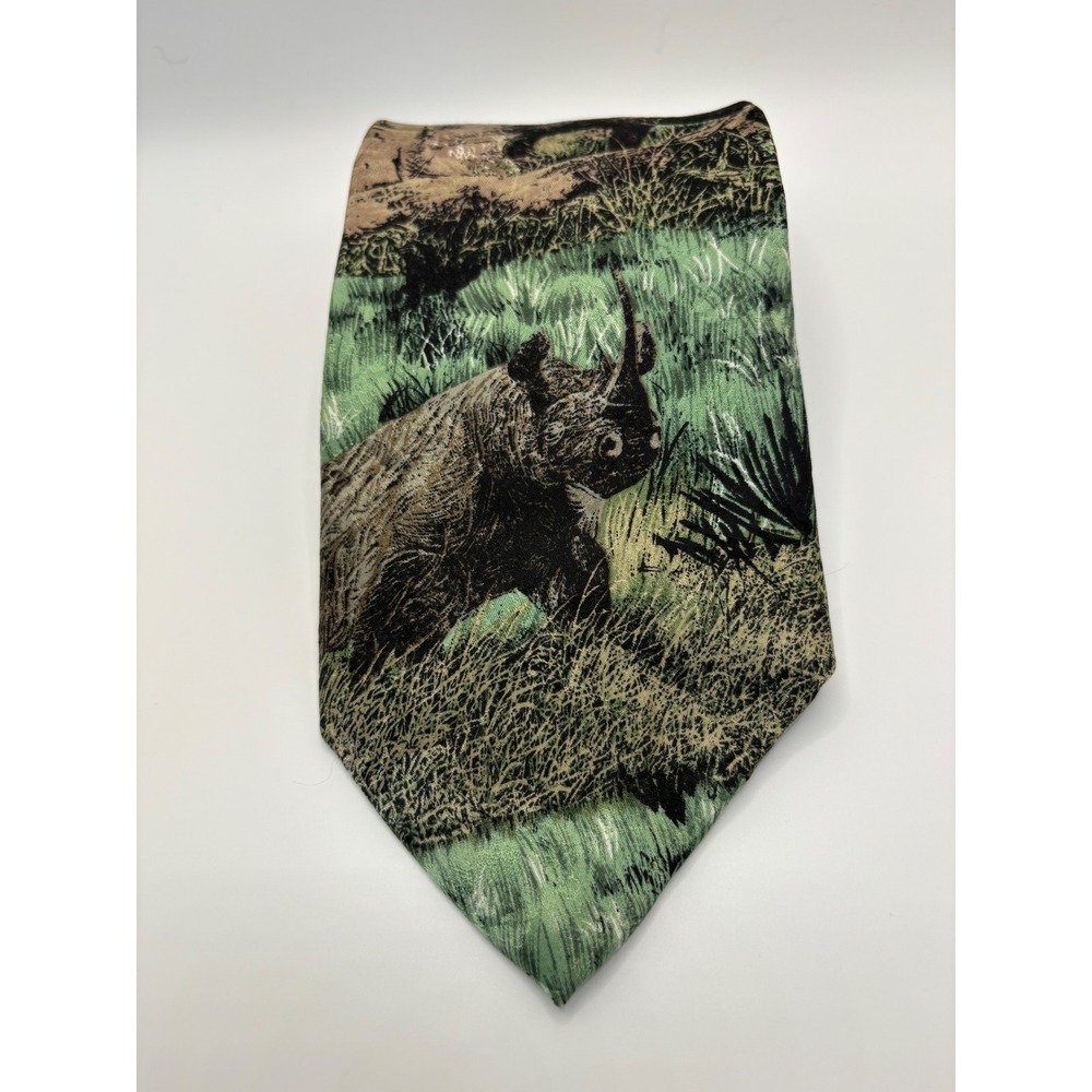 Endangered Species Mens Rhinoceros Wildlife Silk Tie Green Brown USA Made